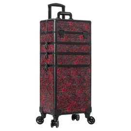 JINGUAN Profesional Rolling Makeup Train Case with Lid, 5 in 1 Cosmetology Case on Wheels, Large Cosmetic Trolley Organizer Travel for Hairstylist Artist Nail Beauty Salon Barber, Red