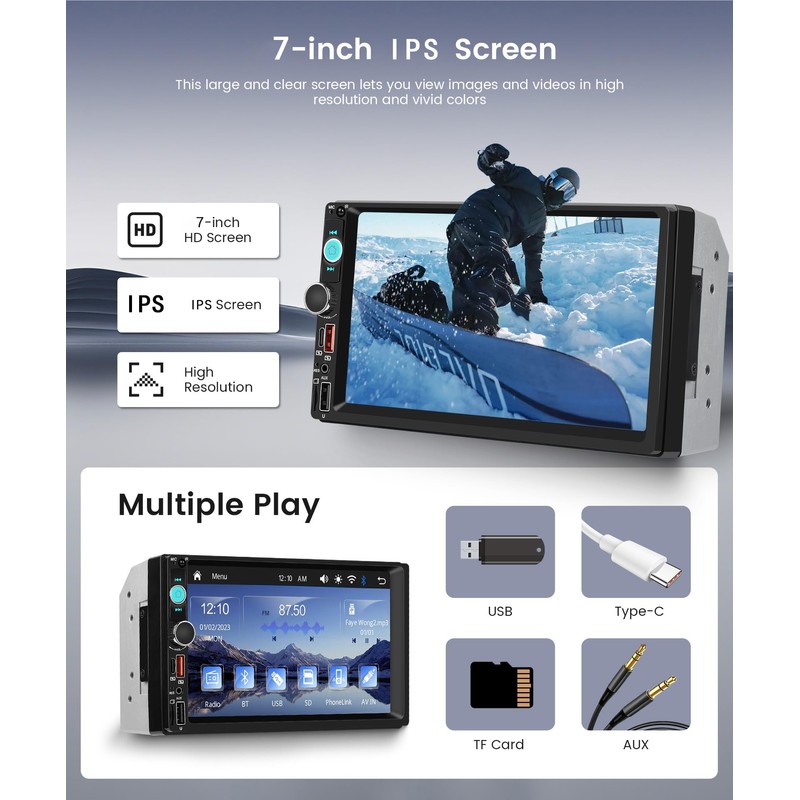 7 inch Double Din Car Radio Stereo, Wireless Carplay Android