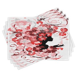 Ambesonne Femimine Place Mats Set of 4, Flower Girl Hair Long Swirling Pink Blossoms Hair Dressers Beauty Feminine, Washable Fabric Placemats for Dining Room Kitchen Table Decor, Black Pink and Red