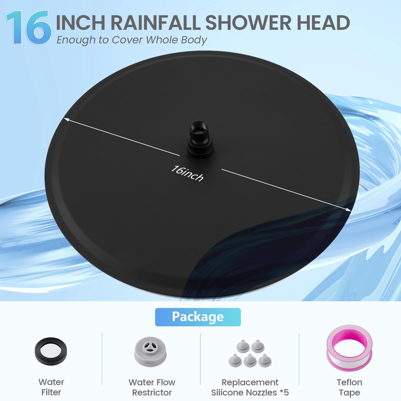 KINLIV 16 inch Matte Black Round Ceiling Rainfall Shower Head,