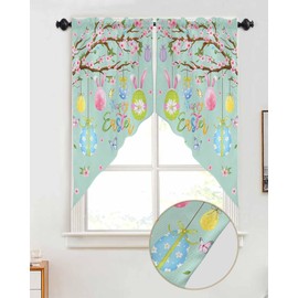 Swag Valances for Windows, Happy Easter Eggs Rod Pocket Thermal Insulated Kitchen Window Curtains Over Sink, Spring Flowers Window Curtain Panel Swag Curtains Valences for Kitchen Bedroom,36x36inch