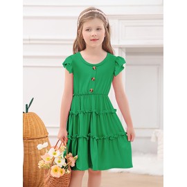 Girls Green Dress St. Patrick's Ruffle Sleeve Button Down A-Line Casual Spring Outfits Size 7-8