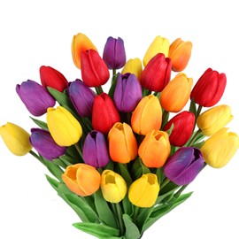 Pusuny Multicolor Tulips Artificial Flowers 15 Pcs Fake Faux Tulips Real Touch Tulip Flowers with Stems Easter Spring Flowers for Arrangements Bouquet Wedding Mother's Day Home Centerpieces Table Decor