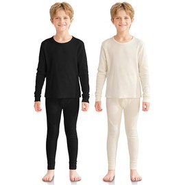 VZV 2 Set Thermal Underwear for Kids, Boys Thermal Set Long Sleeve Base Layer Waffle Thermals Top and Bottom Set Black, Natural