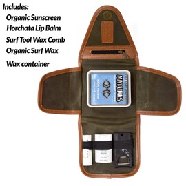 Surfer Gift, Surf Kit | Wax Holder Container with Surf Wax, Organic Reef Safe Sunscreen Face Stick, Horchata Lip Balm, Wax Scraper with Fin Key | Surf Accessory (Green, Matunas - Cold)