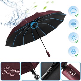 Windproof Umbrella Automatic Open and Close for Men and Women, Compact, 12 Bone Umbrella, Large, Diameter 105 cm, red