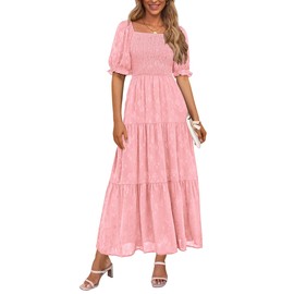 PRETTYGARDEN Women's 2025 Summer Casual Midi Dresses Square Neck Short Sleeve Smocked A Line Floral Flowy Elegant Boho Dress (Pink,XX-Large)