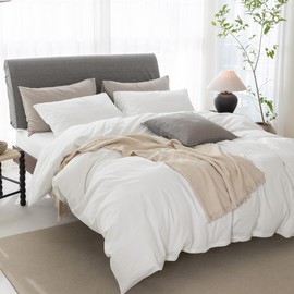 ELIMMO Cooling Duvet Cover Set 3 Pieces-100% Washed Cotton Linen Like Textured Soft Cozy Bedding-Zipper Closure,Includes 1 Duvet Cover & 2 Pillow Shams(Off White,Super King Plus 120"x120")