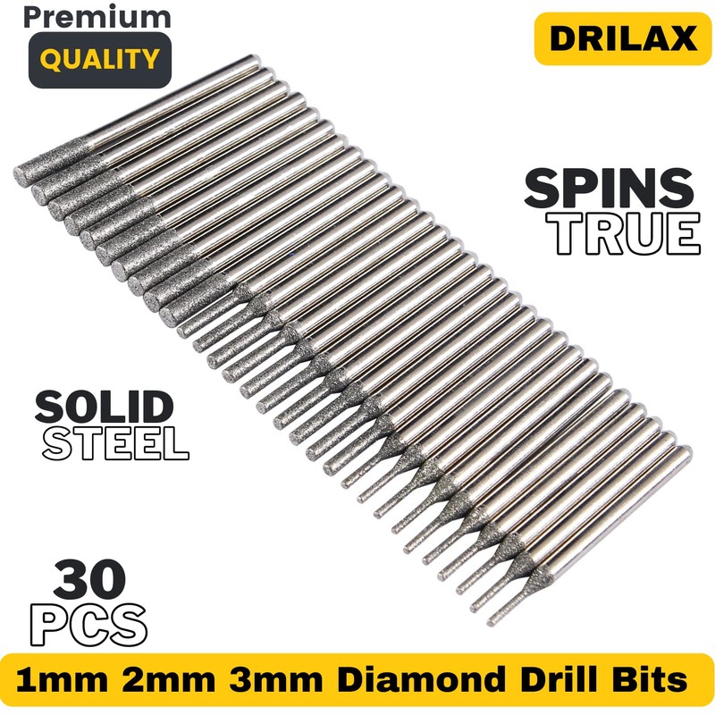 Drilax 1mm 2mm 3mm Diamond Drill Bits for Glass, Stone,
