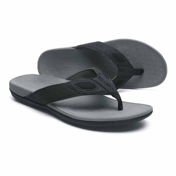MEGNYA Mens Flip Flops Orthotic Sandals with Arch Support for Flat Feet Plantar Fasciitis Comfortable Indoor Outdoor Toe Post Slippers black&grey Size 9