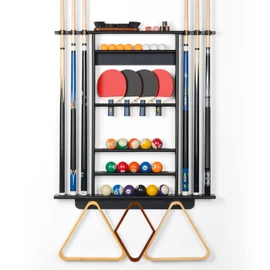 Pool Cue Rack Wall Mount, Billiard & Ping Pong Paddle Storage Organizer | 2-in-1 Game Room Organizer Holds 6 Pool Sticks, Balls, Rack, Chalk, Brush and Table Tennis Accessories, 100% Solid Pine Wood