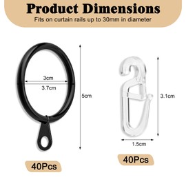 Jizxol Curtain Rings Black, 40 Pieces Metal Curtain Rings and 40 Pieces Plastic Curtain Hooks, Curtain Rings with Hooks, for Window Door Shower Curtain for Rails, 30 mm Inner Diameter (Black)