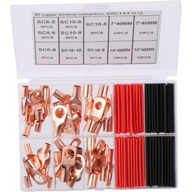 HOBBYIN 80Pcs Copper Wire Lugs Battery Terminal Connectors with Heat Shrink Set, AWG 12/10/8/6 Ring Terminals, 40Pcs Battery Lugs with 40Pcs Heat Shrink Tubing Kit