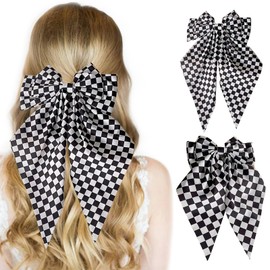 2Pcs Checkered Hair Bows for Women Teens Oversized Long Tail White Hair Bow Black Hair Ribbon Big Bows Clip Long Tail Bowknot Hair Accessories