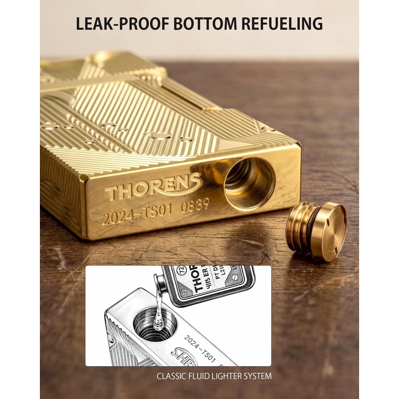 THORENS Crisp Sound Side-Slide Thin Brass Kerosene Lighter, Mermaid Gold
