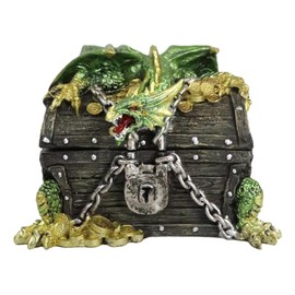 Ebros Gift Green Gold Treasure Dragon Perching On Chained Pirate Chest Decorative Trinket Jewelry Box Figurine 6" Long Medieval Renaissance Winged Alchemy Dungeons Dragons