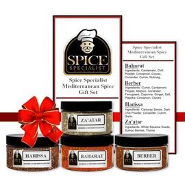 Mediterranean Assortment Set - Includes: 4 Assorted Plastic Jars - Set Contains: (1 each of Bahrat 3.2 oz, Berber 4.5 oz, Harissa 3.5 oz, and Za'atar 3.0 oz).