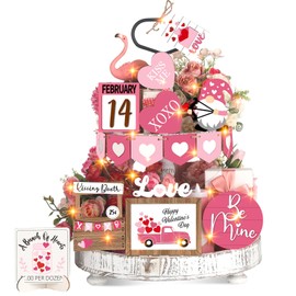Pickmesh 21 Pcs Valentine's Day Tiered Tray Decor Set Wood Valentine's Day Table Decor with LED String Light Rustic Farmhouse Valentines Day Decorations Heart Wooden Tabletop Signs for Home(Elegant)