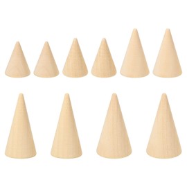 PATIKIL Natural Wooden Cone Ring Holder, Pack of 10, Finger Jewellery Display Stand, Organiser, Unpainted Wooden Cone for DIY Crafts, 5 Sizes, Brown