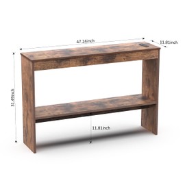 Console Table with shelve for Entryway, Hmjeae Narrow Entryway Table with Power Outlets, Open Storage for Living Room Hallway, 2-tier Behind Couch Sofa Table, 47.24"W x 11.81"D x 31.49"H Antique brown