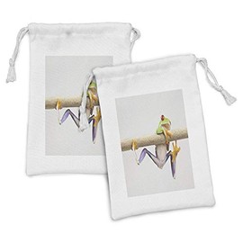 Lunarable Animal Fabric Pouch Set of 2, Funny Red Eyed Frog Hanging on the Tree Branch Wild Life Nature Animal Art, Small Drawstring Bag for Toiletries Masks and Favors, 9" x 6", Cream Purple Green
