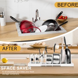 MinBoo Bamboo Expandable Pot Lid Organizer Pot Lid Holder, Pot and Pan Organizer Drawer Organizer for Pot Lids, Adjustable Dividers for Kitchen Cabinet Organizers and Storage,White,Large