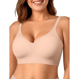 OEAK Womens Comfortable Bra Push Up Bras Wireless Support Lift Brassiere V Neck Full Coverage Everyday Seamless Tshirt Bras Nude L