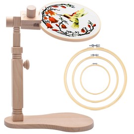 TINDTOP Beech Wood Embroidery Hoop Stand, with 3pcs Embroidery Hoops (3inch + 6inch + 8inch), Adjustable Rotated Wooden Embroidery Hoop Holder for Cross Stitch and Embroidery Projects