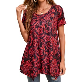 Enmain Ladies Tunic Tops Short Sleveve Plus Size Womens Tunic Dress Casual Long Tunics Shirts for Leggings Ladies Longline Loose Blouse T Shirt,Red,L
