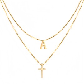 Milreason Layered Initial Necklace for Women, Fashion Cross Pendant Necklaces for Women, 18K Gold Plated Cute Letter Necklace A-Z, Hypoallergenic, Religious Christian Jewelry Birthday Gifts for Women