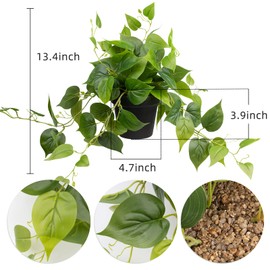 LOYWREE Artificial Plants in Pots, Faux Pothos Indoor Green Realistic Fake Plant for Home Office Garden Decoration - Black Pot