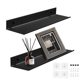 Pack of 2 Aluminium Wall Shelves, No Drilling, Modern Floating Shelf, Hanging Shelf, Decorative Bathroom Shelf for Living Room, Bedroom, Bathroom, Kitchen (Black, 30 cm)