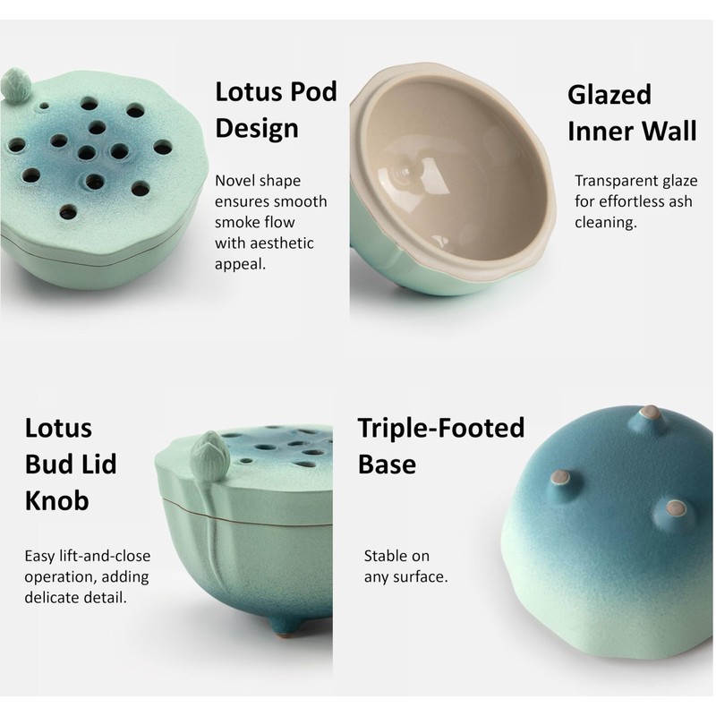Zen Incense Burner with Lotus Lid Design (Lake Blue), Ceramic