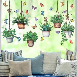 ANHUIB Potted Plant Window Decals Hanging Green Potted Plant Window Stickers Green Leaves Flower Birds Window Decals Tropical Botanical Cactus Window Decals Anti-Collision Glass Sticker