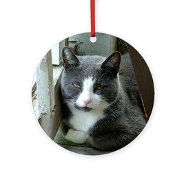 CafePress Grey and White Cat Round 4" MDF Holiday Ornament