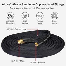 100Ft Non-Expandable Garden Hose, Flexible Water Hose with 10-Pattern Spray Nozzle, Lightweight Hose Pipe, Kink-Free, Leak-Proof, 3/4" Solid Metal Fittings (Black)