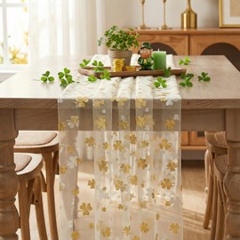 Beige Gauze Gold Shamrocks St.Patrick's Day Table Runner 120 Inch 10FT,Seasonal Sheer Dining Holiday Baby Shower Table Decor for Home Party