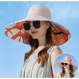 Super Wide Brim Sun Hat for Women Packable Reversible Double-Side-Wear Hats UV Protection Summer Beach Bucket Cap Beige