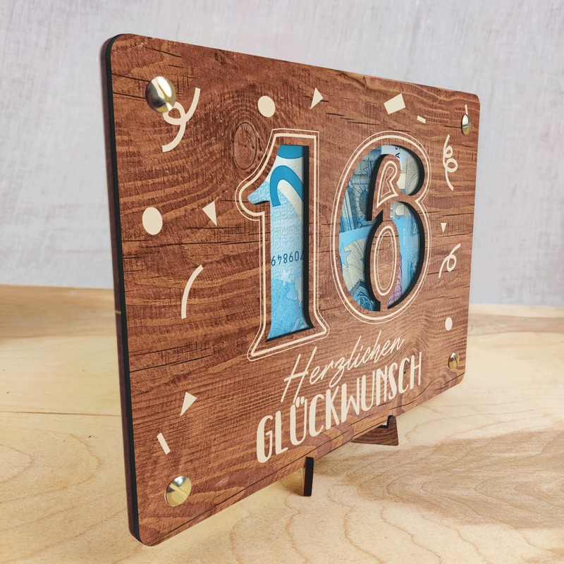 16 Geburtstag - XL Geldgeschenk aus Holz inkl. Ständer |