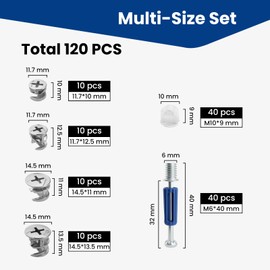 ZIUZI 120 Pcs Cam Locks for Furniture, 3-in-1 Furniture Cam Lock Fasteners Kit, Multi-Size Cam Locks Nuts with Dowel and Pre-Inserted Nut for Drawer Dresser Cabinet