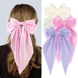 Loqpol 3 PCS Silky Satin Hair Bows, Oversized Long Tail Bows with Barrette Clips, Coquette Hair Accessories for Women and Girls (Light Pink - Lavender - Beige)