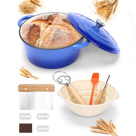 Dutch Oven for Bread Baking, 6QT Enameled Cast Iron sourdough dutch oven with Lid – Includes Proofing Basket, Scoring Lame, Dough Whisk for Sour dough, Bread-making, Blue