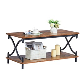 VECELO 39-Inch Coffee Table with Storage and Open Shelves for Living Dining Room, Modern Rectangle & Industrial Design, X-Shape Frame, Brown