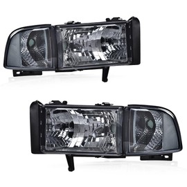 Front Headlights Assembly Headlamp Faros Conjunto De Faros Compatible with Dodge Ram 1500 2500 3500 1994-2002 Smoky lens Black Housing Clear Reflector 55076749AD 55076748AD 55076749AO 55076748AO