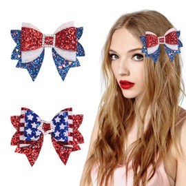 mdgfge 4th of July Patriotic Hair Bows Alligator Clips, 2Pcs Independence Day Glitter Hair Bow Clips Sparkly Red White Blue Sequin Hair Barrettes Hair Accessories for Women Memorial Day Party Decor