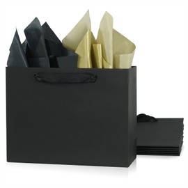6 Pack Medium 10.5"x4"x8.1" Black Gift Bags with Tissue Papers, Kraft Shopping Bags with Ribbon Handles, Retail Wrapping Bags Set for All Occasions