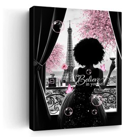 African American Wall Art Black Girl Pink Flowers Canvas Prints Black and White Wall Art Modern Fashion Paris Decoration Pictures Painting Framed Artwork Home Decor for Bedroom Bathroom 12x16inch