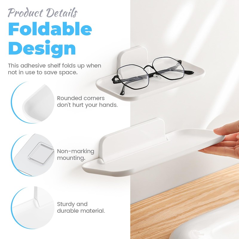 Diakey 2 Pack Foldable Bedside Shelf Wall Mount, Adhesive Floating