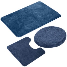 MIFXIN Bathroom Rug Set 3 Piece Shaggy Soft Non-Slip Bath Mats Solid Color Rectangular Floor Mat, U-Shaped Area Rug, Toilet Lid Cover (Blue)
