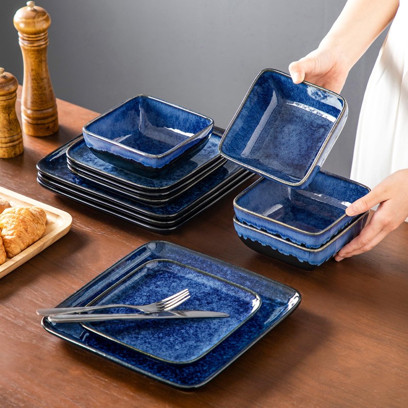 vancasso Stern Blue Dinner Set Square Reactive Glaze Tableware 12